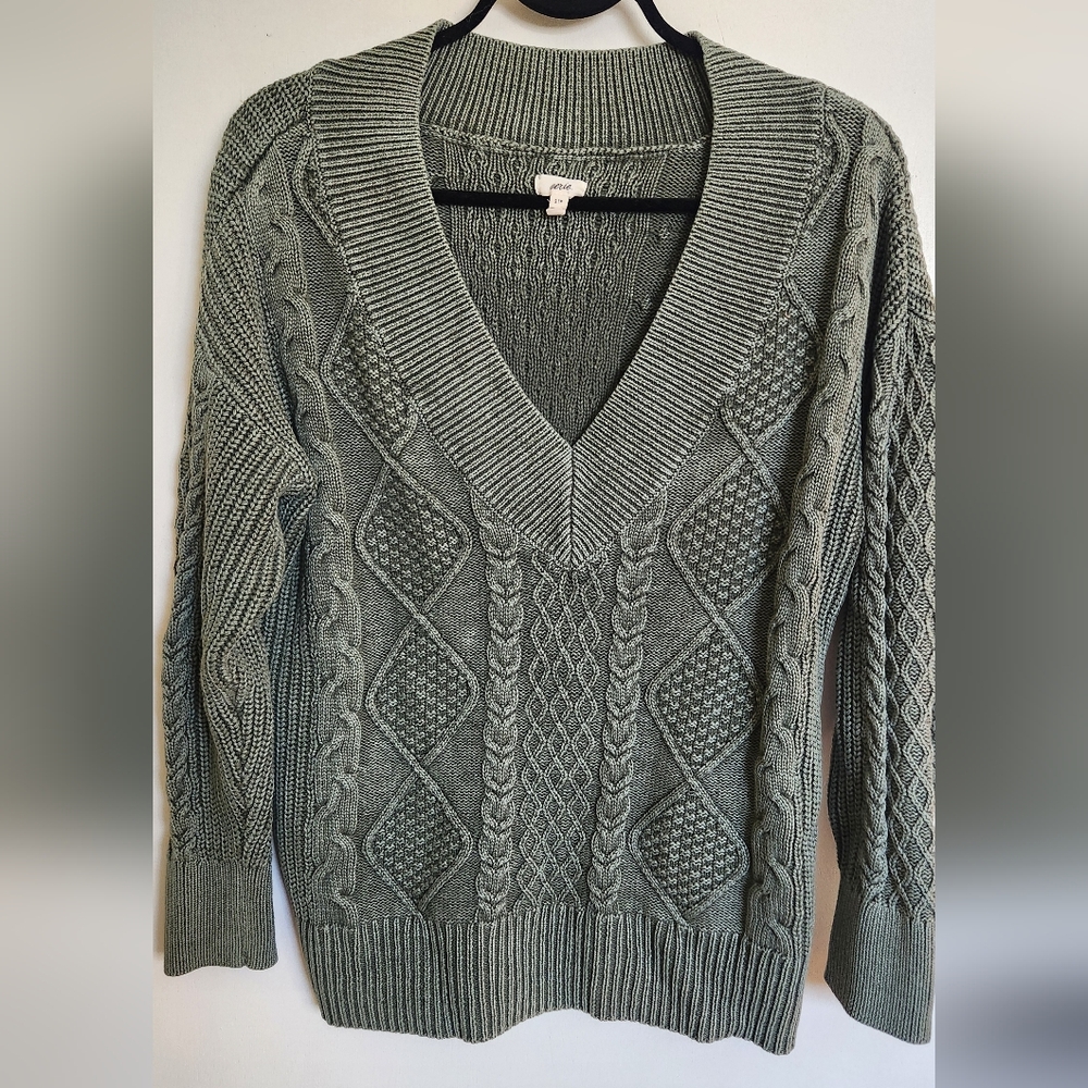 Aerie V-Neck Cable Knit Sweater - Sage